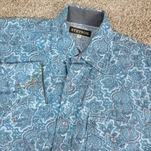 Stetson Mens Medium Blue AOP Paisley Pearl Snap Long Sleeve Western